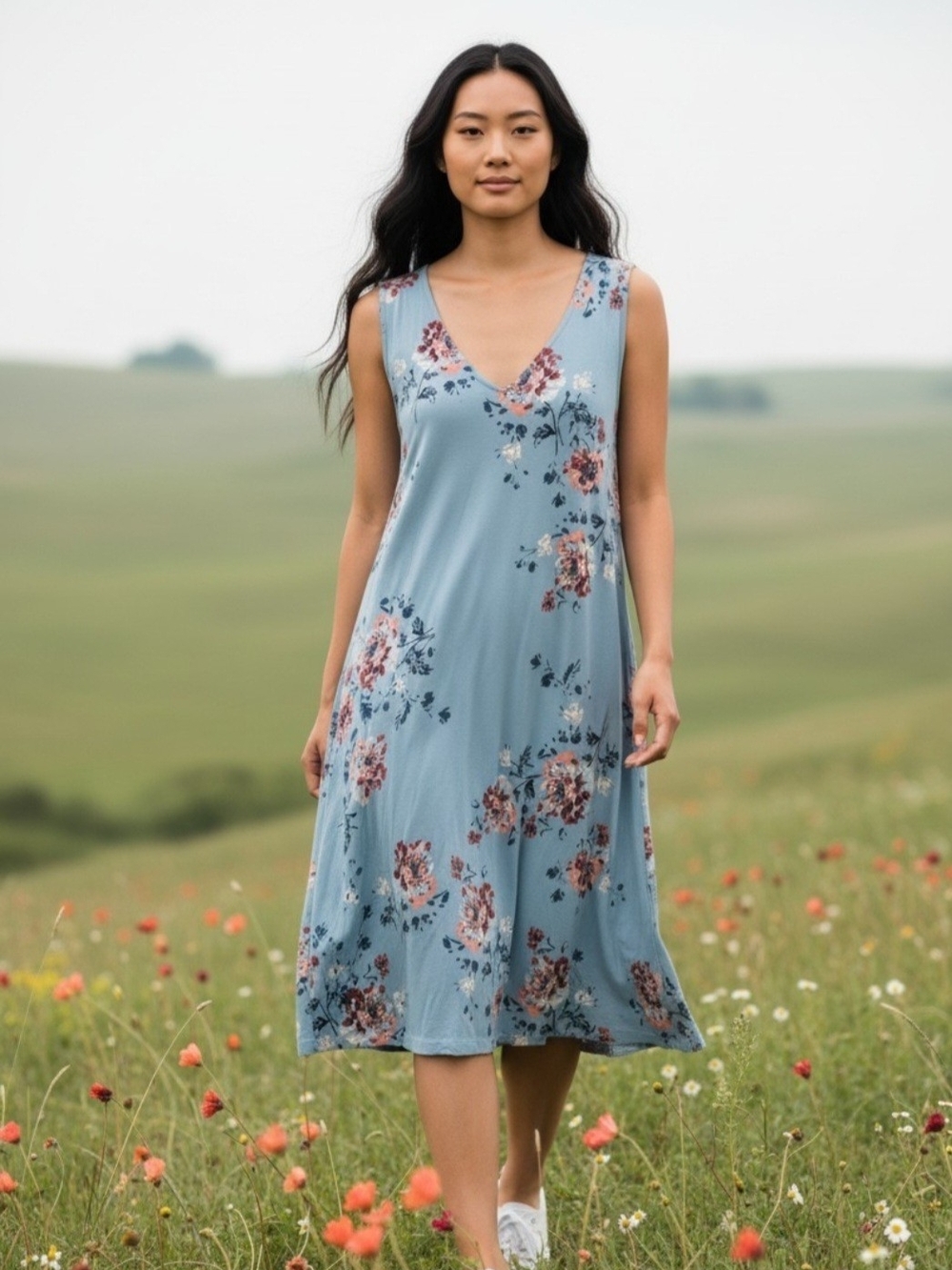 24/7 Maurices Blue Floral V-Neck Sleeveless Women's L Boho Flowy Maxi Dress